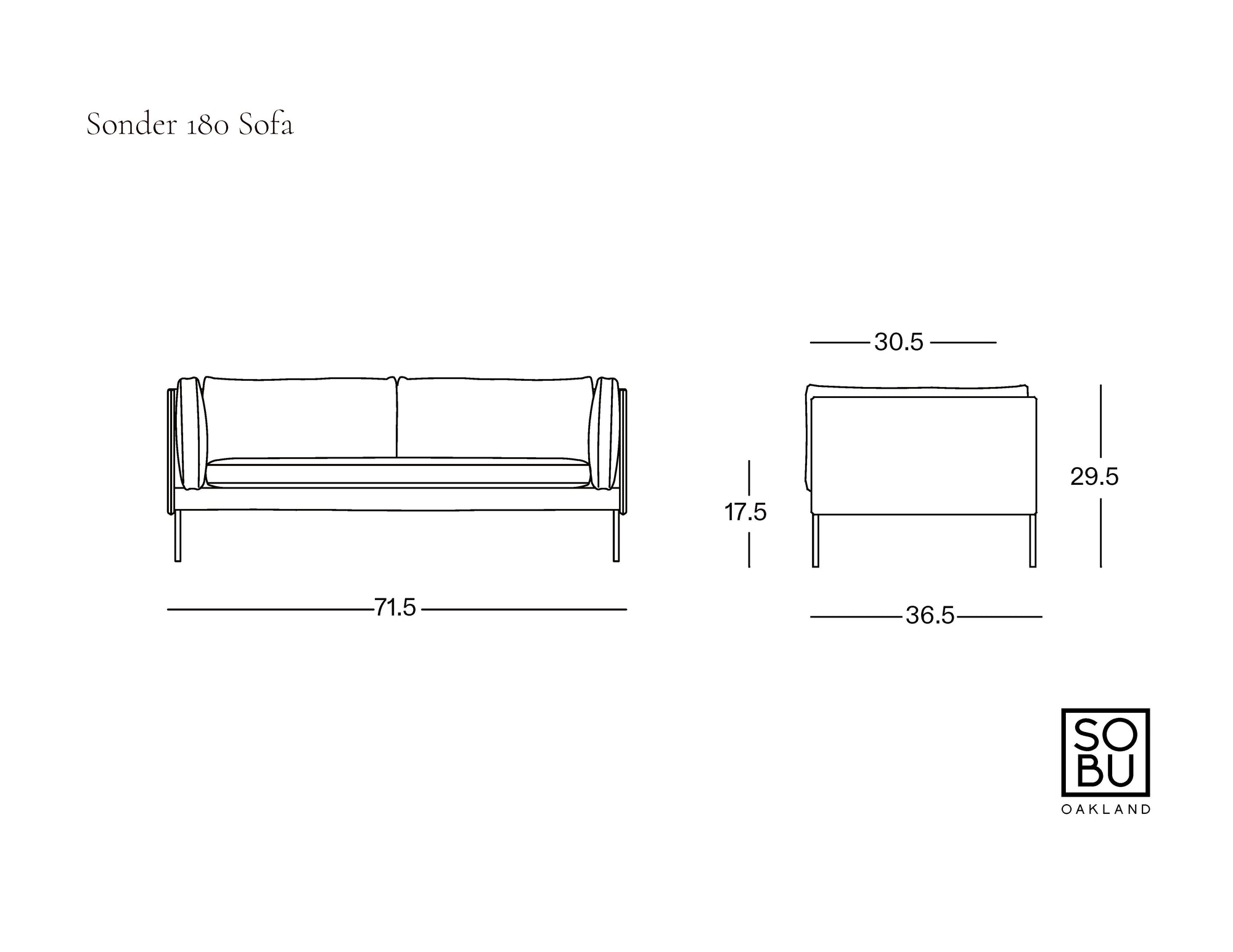 Line drawing of the Sonder Sofa | Leather by Wooden Stories, showcasing feather-filled cushions. Dimensions: width 71.5", depth 36.5", height 29.5", and seat height 17.5". Features front and side views, along with the SOBU Oakland logo—a stylish tribute to Borge Mogensen-inspired design from our Danish Collection.