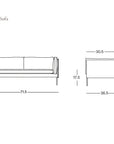 Line drawing of the Sonder Sofa | Leather by Wooden Stories, showcasing feather-filled cushions. Dimensions: width 71.5", depth 36.5", height 29.5", and seat height 17.5". Features front and side views, along with the SOBU Oakland logo—a stylish tribute to Borge Mogensen-inspired design from our Danish Collection.