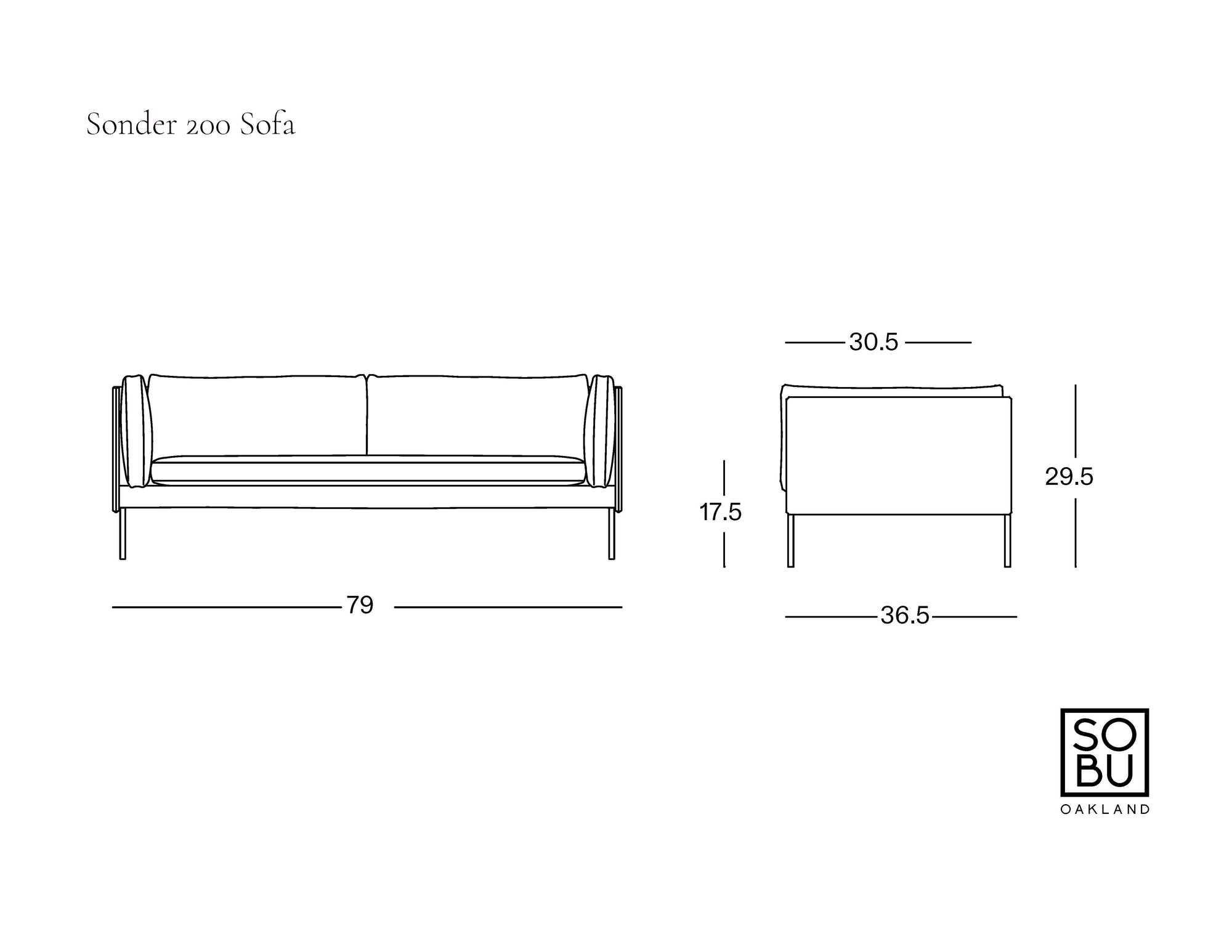 Line drawings of a sofa from front and side views with dimensions: 79” wide, 36.5” deep, 29.5” tall, and 17.5” seat height. Inspired by the timeless aesthetic of the Danish Collection, this piece features feather-filled cushions for superior comfort. Text reads “Sonder Sofa | Leather” and “Wooden Stories.”.
