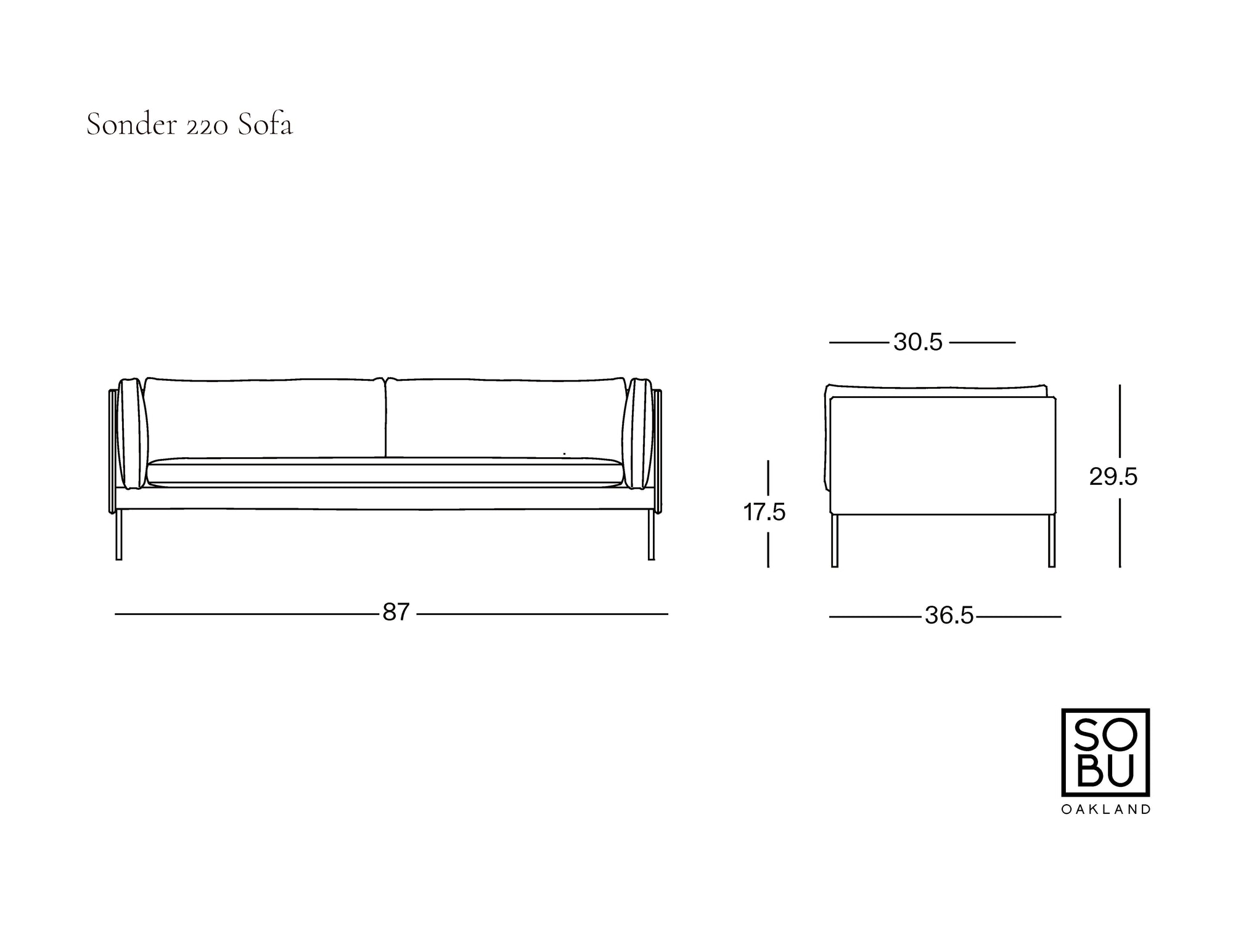 Line drawing of a sofa with dimensions: width 87, depth 36.5, seat height 17.5, total height 29.5, arm depth 30.5. Text: Sonder Sofa | Leather by Wooden Stories—part of our Danish Collection and inspired by the timeless elegance of Borge Mogensen designs, crafted with feather-filled cushions for superior comfort. SOBU Oakland logo is in the bottom right corner.