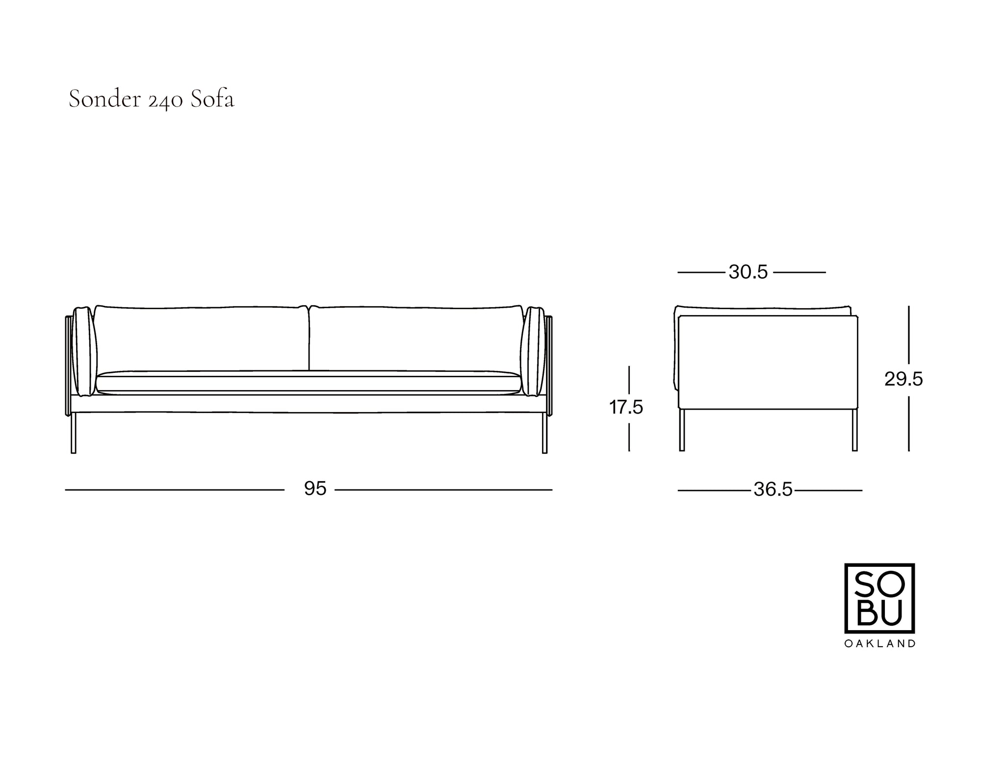Line drawing of Sonder Sofa | Leather by Wooden Stories with front and side views, part of our Danish Collection inspired by Borge Mogensen. Dimensions shown: width 95, depth 36.5, back height 29.5, seat height 17.5, arm depth 30.5. Feather-filled cushions provide comfort and elegance to this timeless design. SOBU Oakland logo in bottom right corner.