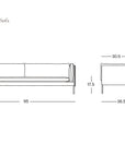 Line drawing of Sonder Sofa | Leather by Wooden Stories with front and side views, part of our Danish Collection inspired by Borge Mogensen. Dimensions shown: width 95, depth 36.5, back height 29.5, seat height 17.5, arm depth 30.5. Feather-filled cushions provide comfort and elegance to this timeless design. SOBU Oakland logo in bottom right corner.