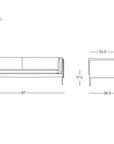 Line drawing of the Sonder Sofa | Leather from Wooden Stories, featuring feather-filled cushions and dimensions: 87 wide, 36.5 deep, 30.5 high, and 17.5 seat height. SOBU Oakland logo in the corner.