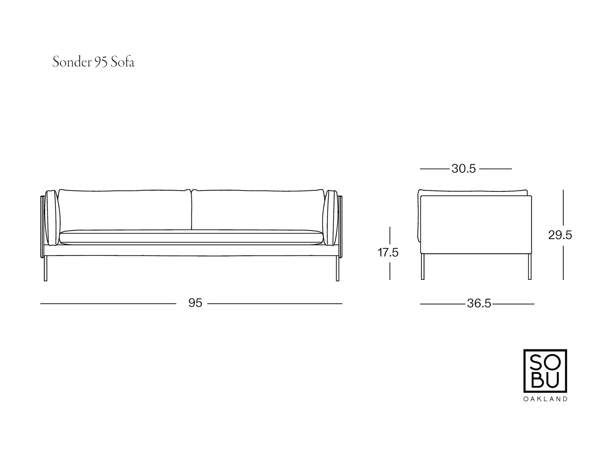 Line drawing of the Sonder Sofa | Leather by Wooden Stories with front and side views, showing dimensions: 95 wide, 36.5 deep, 30.5 high, and 17.5 seat height. Featuring feather-filled cushions for added comfort. SOBU Oakland logo in bottom right corner.