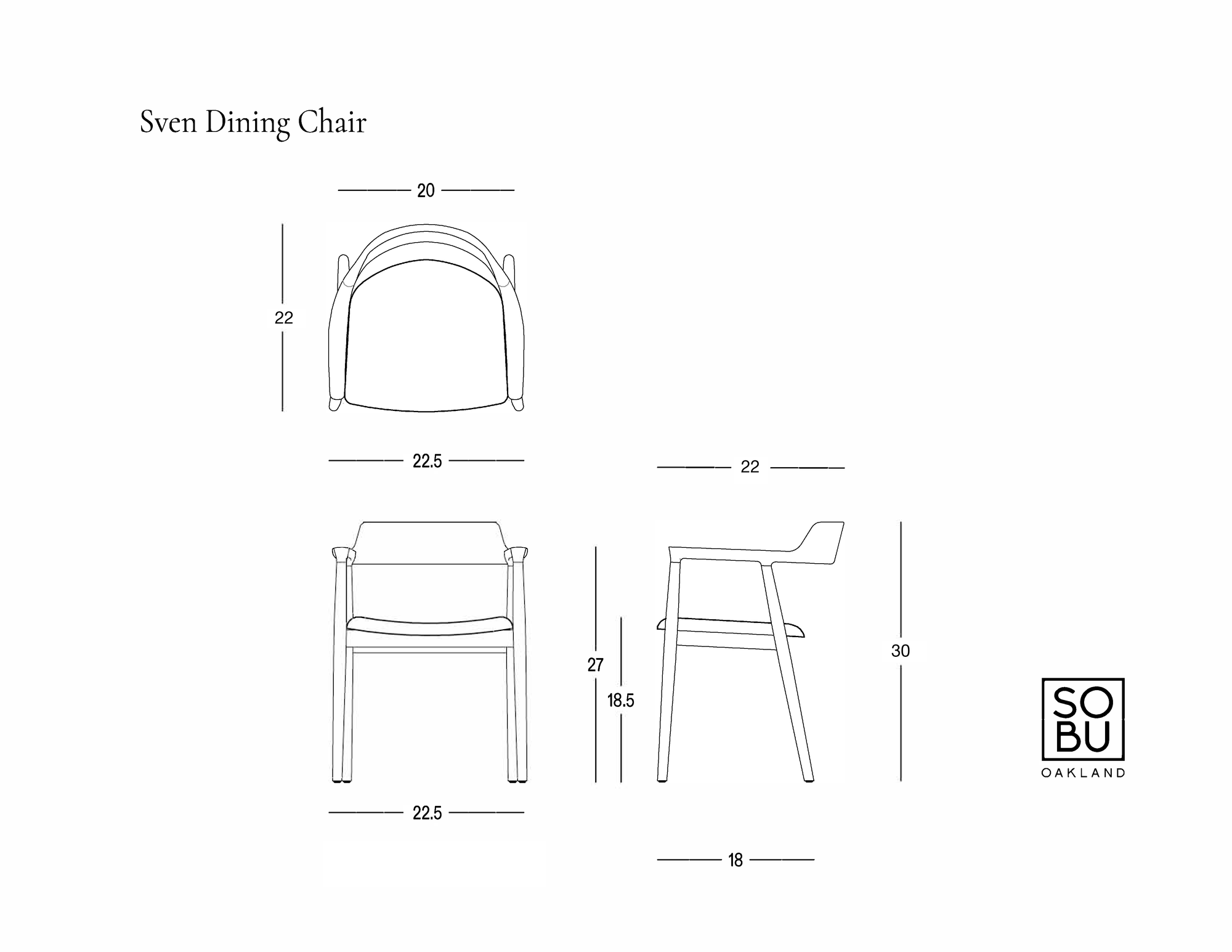 Line drawings of the Sven Dining Chair – White Ash + Leather, crafted from solid ash wood, are shown from top, front, and side perspectives, with each view labeled with dimensions in centimeters. The SOBU logo is displayed in the lower right corner.