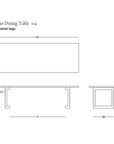 Line drawing of the Tommaso Dining Table - Curved Metal Legs by SOBU, a modern dining table featuring curved metal legs, shown in top, side, and end views with measurements. The SOBU Oakland logo appears in the bottom right corner.