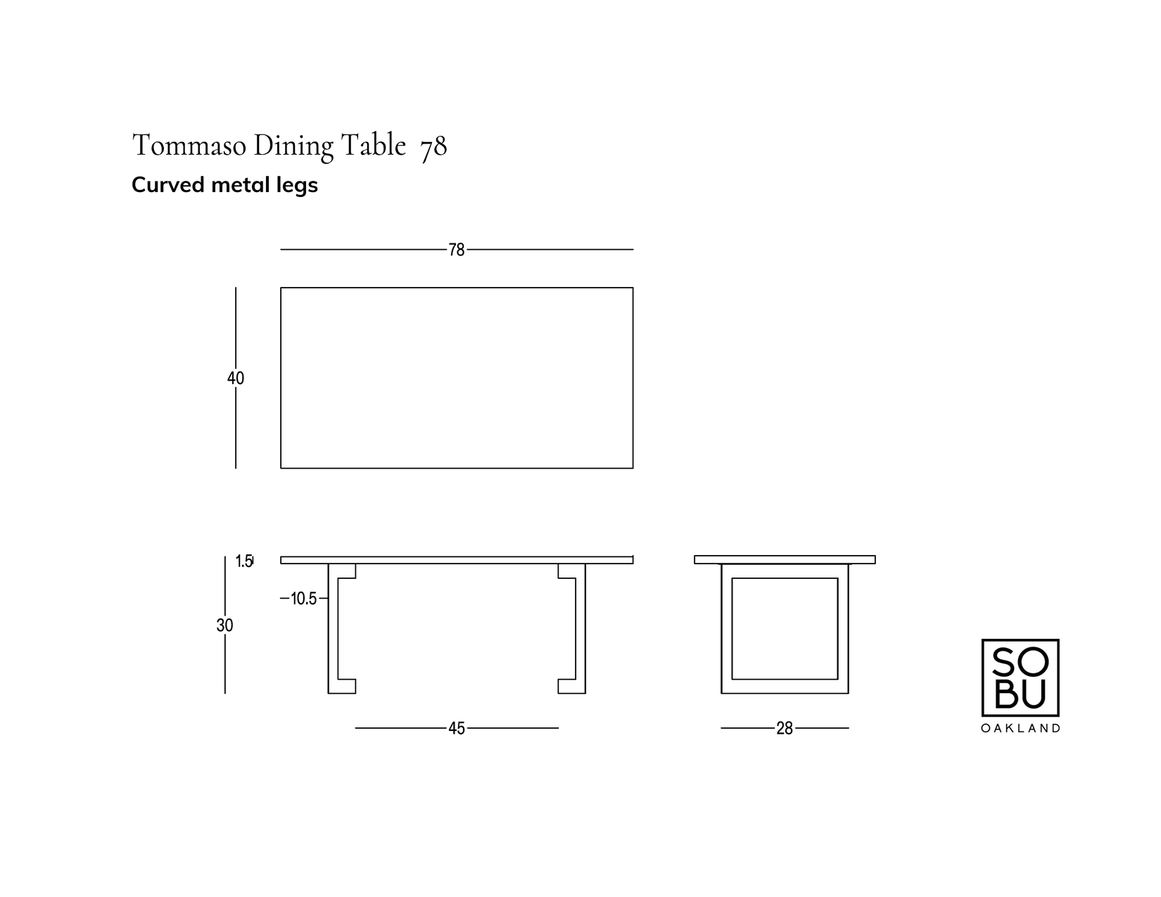 Technical drawing of the Tommaso Dining Table - Curved Metal Legs by SOBU, with dimensions in inches and top, side, and end views displayed. This modern dining table showcases curved metal legs paired with a solid European oak wood surface. The SOBU logo is visible in the lower right corner.