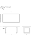 Technical drawing of the Tommaso Dining Table - Curved Metal Legs by SOBU, with dimensions in inches and top, side, and end views displayed. This modern dining table showcases curved metal legs paired with a solid European oak wood surface. The SOBU logo is visible in the lower right corner.