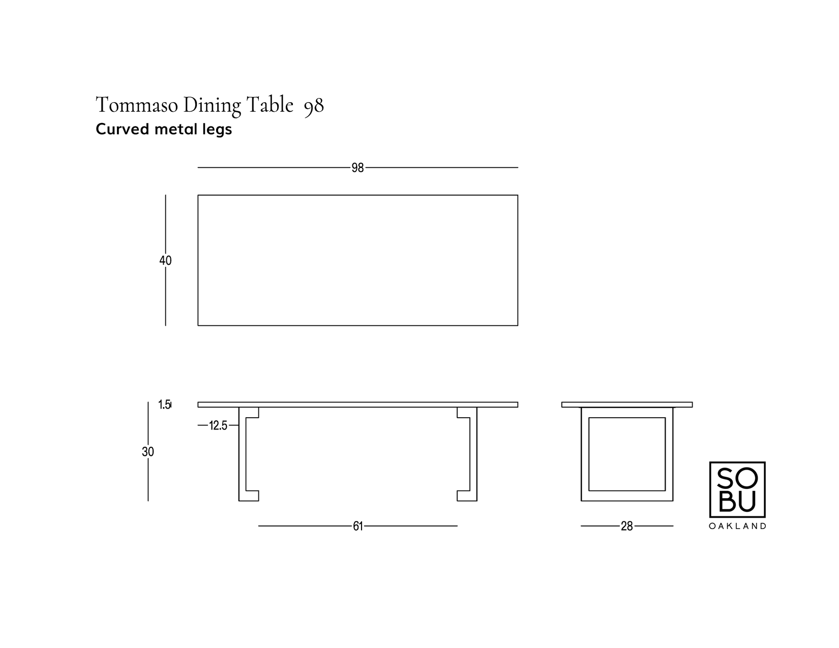 Line drawing of the SOBU Tommaso Dining Table - Curved Metal Legs, showing a modern design with a rectangular solid wood top and gracefully curved metal legs. Dimensions are labeled in inches: 98 length, 40 width, 28 depth, and 30 height. The SOBU logo appears at the bottom right.