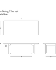 Line drawing of the SOBU Tommaso Dining Table - Curved Metal Legs, showing a modern design with a rectangular solid wood top and gracefully curved metal legs. Dimensions are labeled in inches: 98 length, 40 width, 28 depth, and 30 height. The SOBU logo appears at the bottom right.