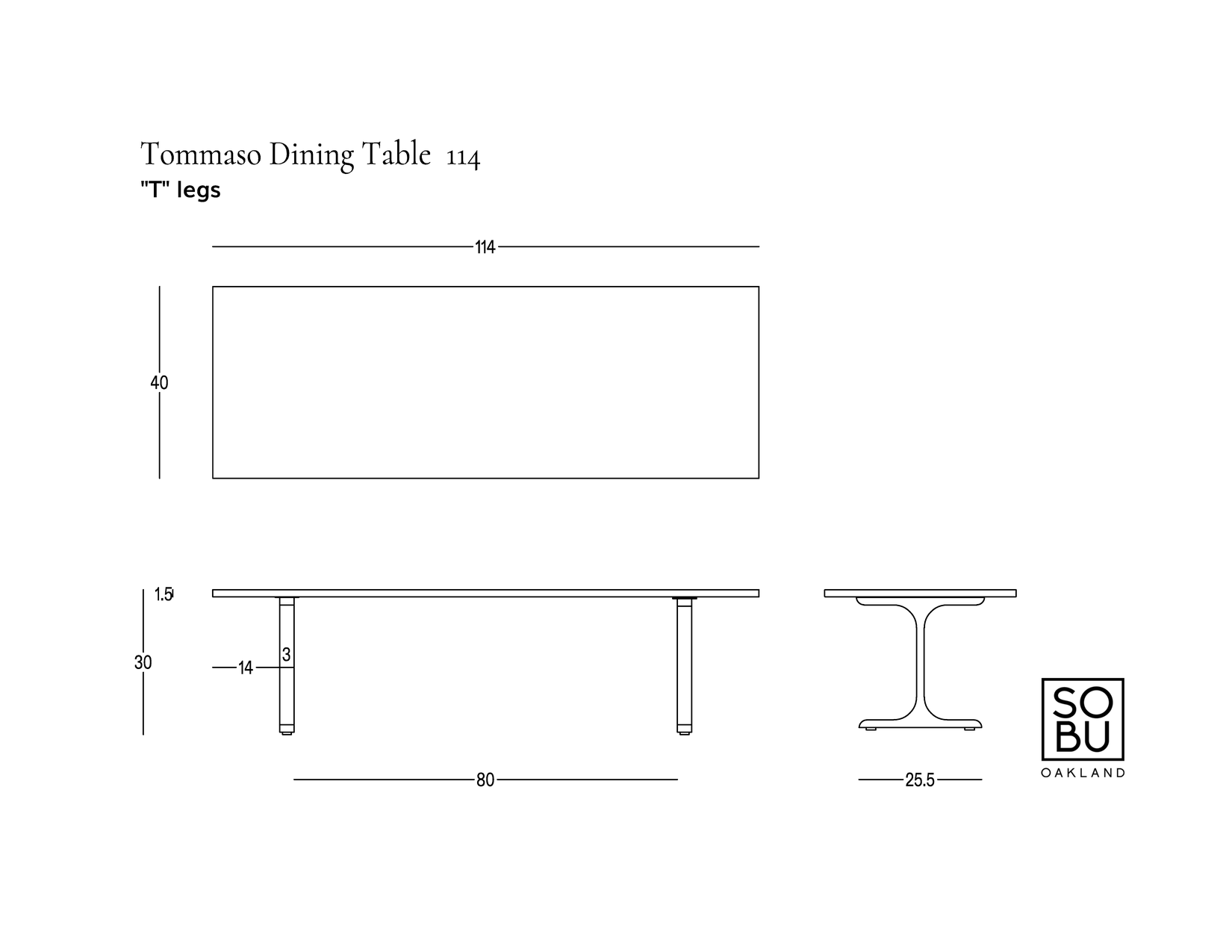 Line drawing of the Tommaso Dining Table - Brass T-Legs by SOBU, featuring a modern rectangular top and brass T-shaped legs. Includes top, front, and side views with dimensions. SOBU logo appears in the bottom right corner.
