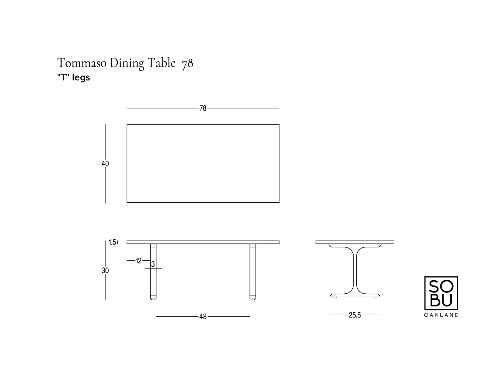 Line drawings of a rectangular European oak dining table labeled Tommaso Dining Table - Brass T-Legs with T-shaped brass legs, showing front, side, and top views with detailed measurements, and the SOBU logo in the bottom right corner.