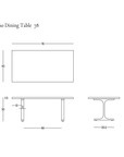 Line drawings of a rectangular European oak dining table labeled Tommaso Dining Table - Brass T-Legs with T-shaped brass legs, showing front, side, and top views with detailed measurements, and the SOBU logo in the bottom right corner.