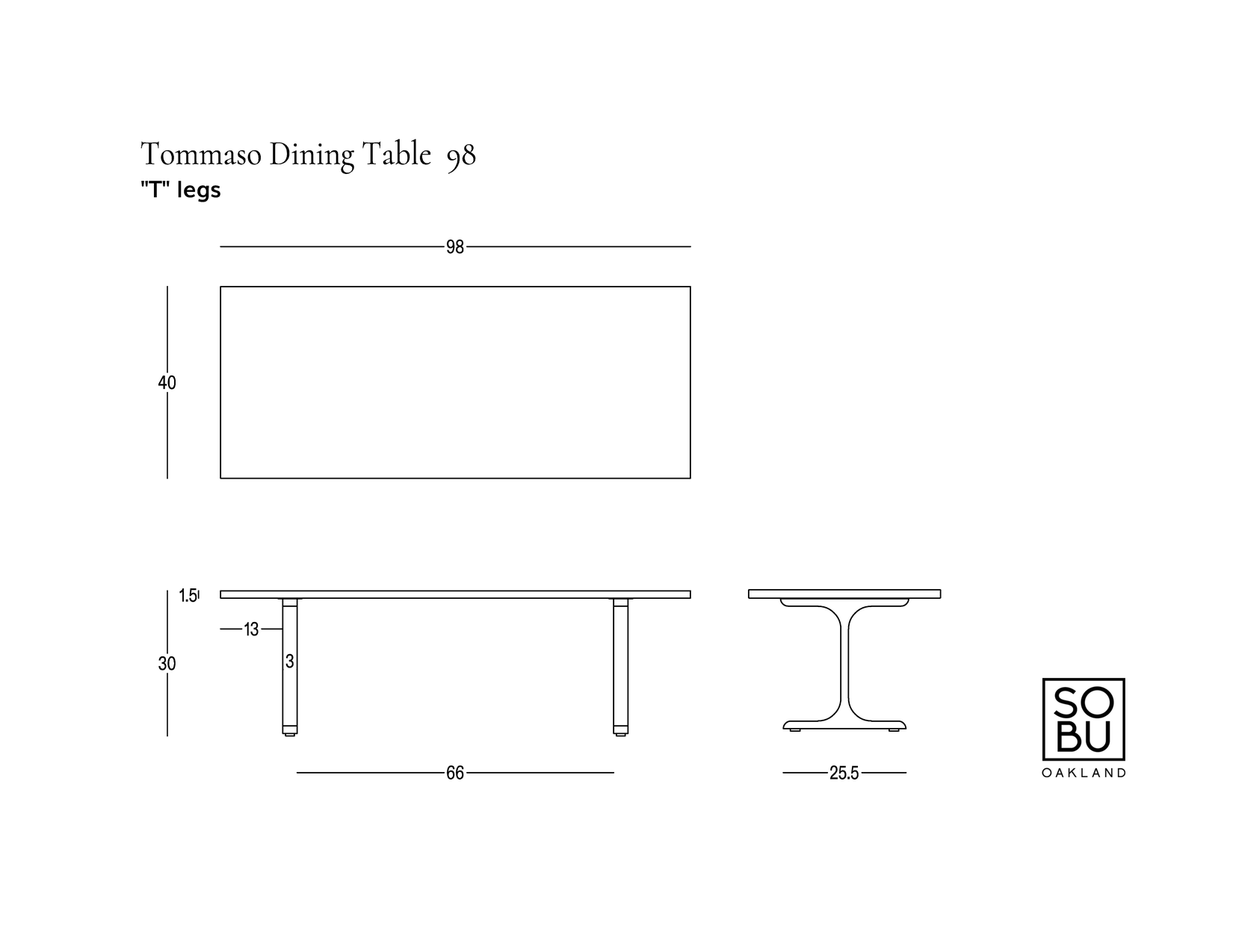 Line drawing of a rectangular Tommaso Dining Table - Brass T-Legs by SOBU, crafted from European oak and featuring T-shaped legs. Labeled dimensions: 98x40 top, 30 height, 66 leg space, and 25.5 base. SOBU logo is displayed at the bottom right. This image presents a modern solid wood dining table rendered in precise detail.