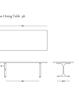 Line drawing of a rectangular Tommaso Dining Table - Brass T-Legs by SOBU, crafted from European oak and featuring T-shaped legs. Labeled dimensions: 98x40 top, 30 height, 66 leg space, and 25.5 base. SOBU logo is displayed at the bottom right. This image presents a modern solid wood dining table rendered in precise detail.