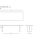 Line drawings of the Tommaso Dining Table - Wood Legs by SOBU, shown from the top, side, and end views. Dimensions are labeled in inches. The European oak dining table is identified as the Tommaso Dining Table - Wood Legs and SOBU on the image.