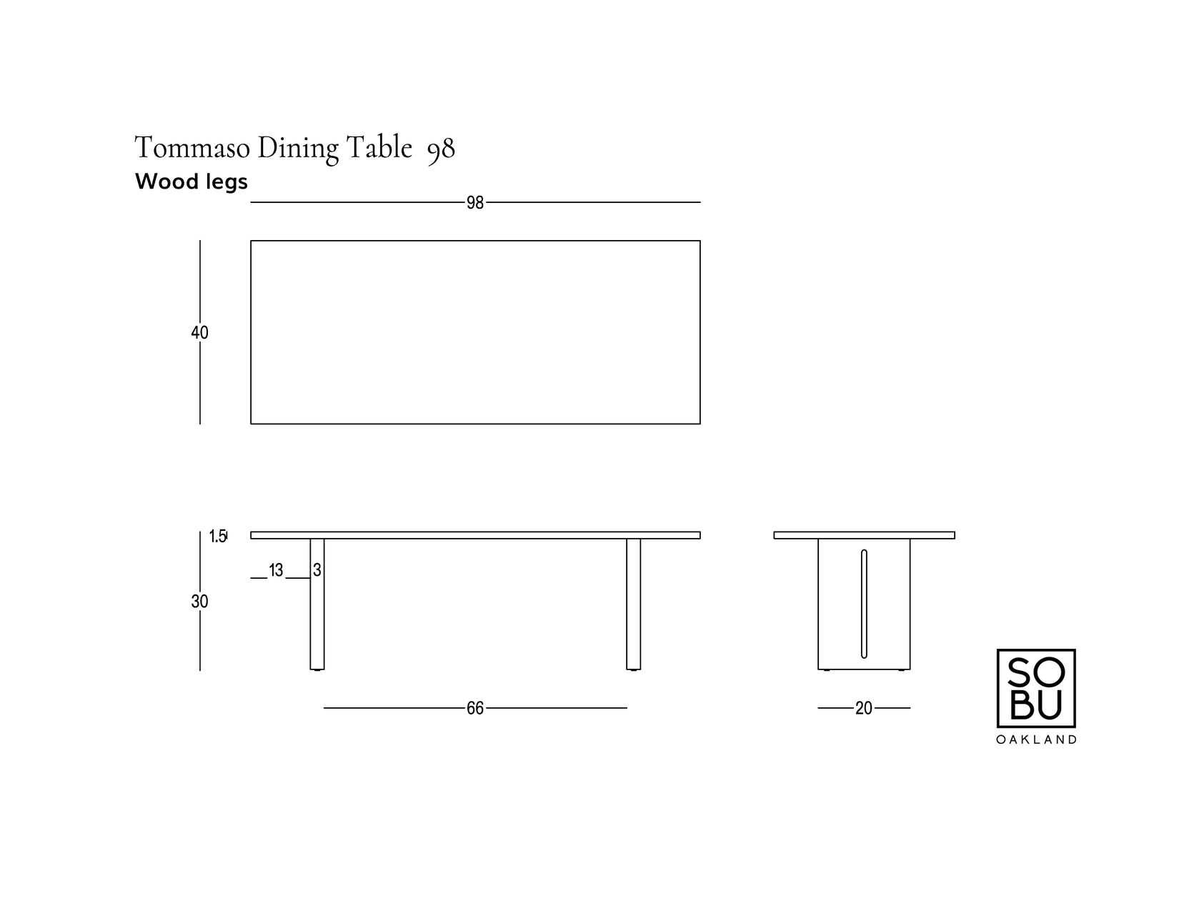 Line drawing of a rectangular Tommaso Dining Table - Wood Legs with wooden legs, dimensions labeled as 98 long, 40 wide, and 29 high. Tommaso Dining Table - Wood Legs is written at the top with the SOBU logo at the bottom right.