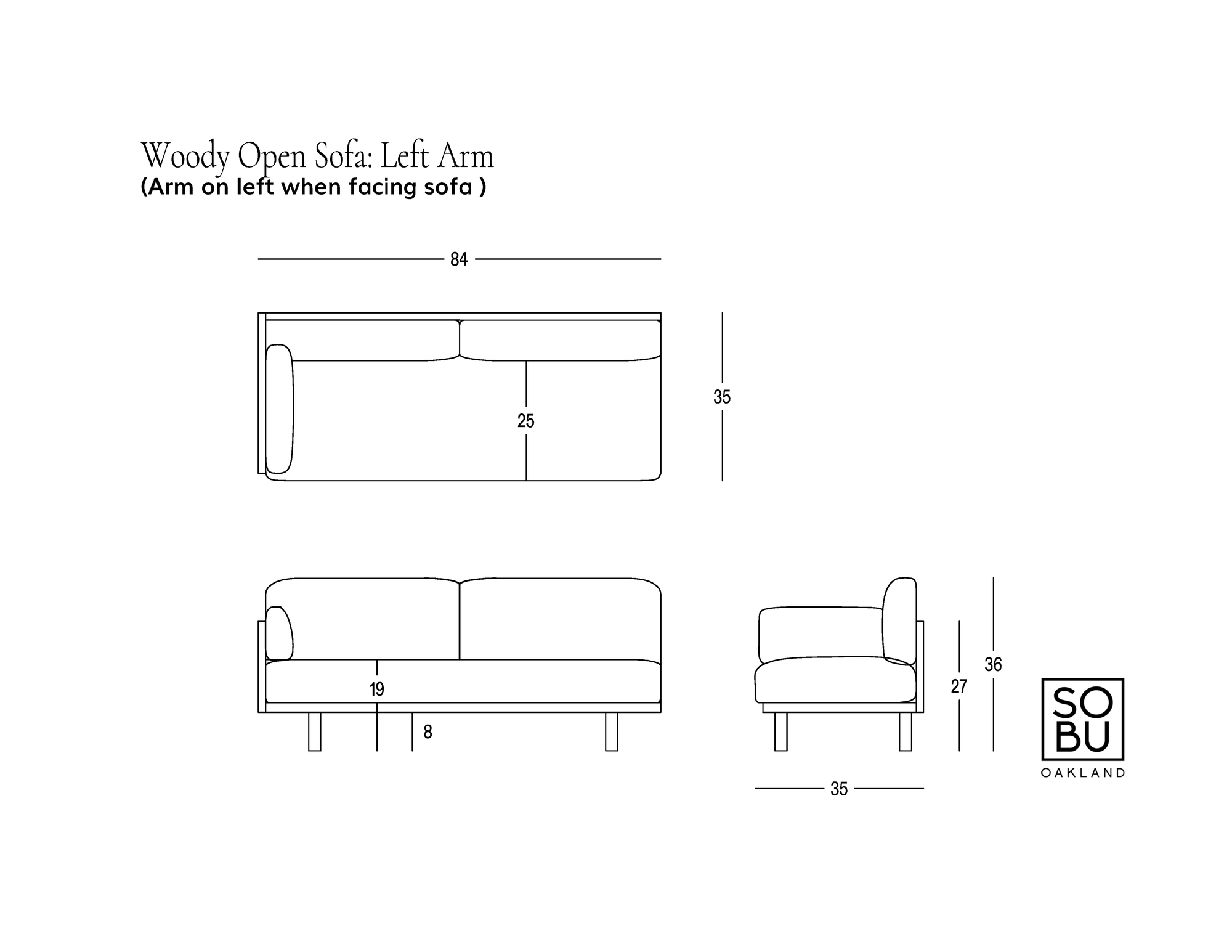 Line drawing of the Woody Sofa (One Arm) by SOBU in White Ash with Natural Kapok cushions, left-arm configuration, showing dimensions in inches: width 84, depth 35, seat depth 25, seat height 19, back height 35, arm height 27, leg height 8. Features organic kapok cushions for enhanced comfort and eco-friendly appeal. SOBU Oakland logo in bottom right corner.
