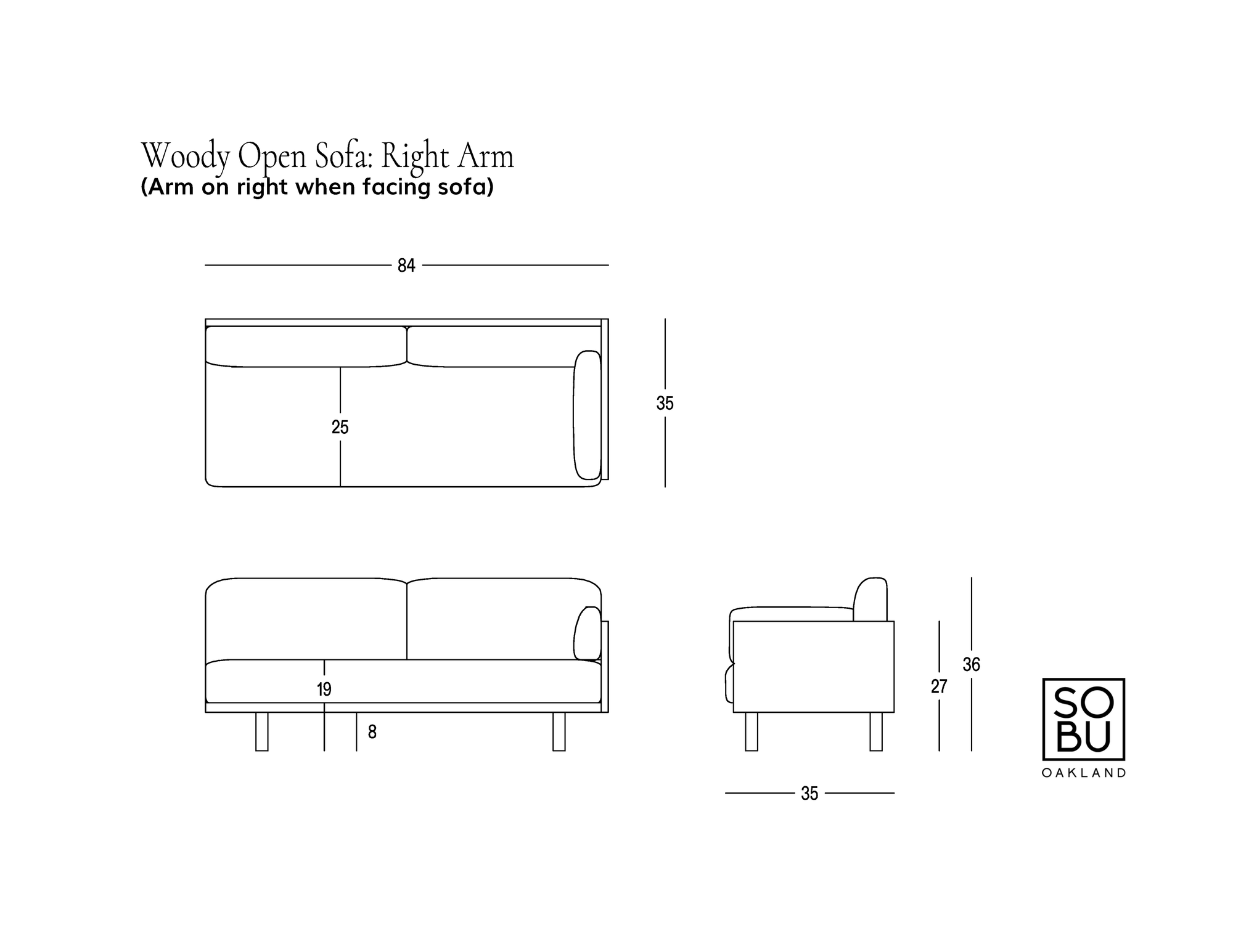 Line drawings of the Woody Sofa (One Arm) by SOBU, featuring a right-arm design in white ash with natural kapok cushions. Dimensions: 84" wide, 35" high, and 36" deep. Includes side and front views. Crafted according to sustainable furniture principles and equipped with organic cushions for exceptional comfort. SOBU Oakland logo appears in the lower right corner.