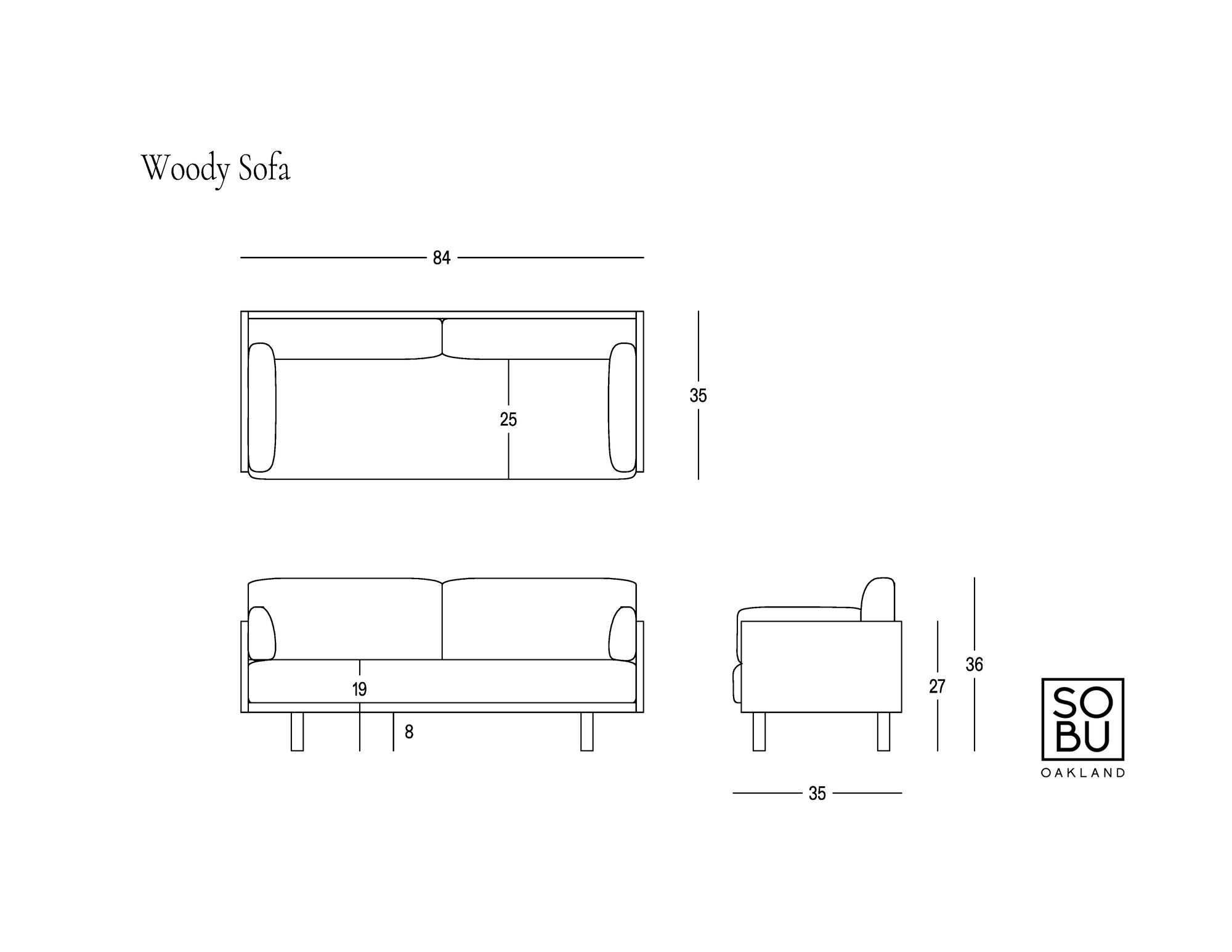 Technical drawing of the Woody Sofa – White Ash and Natural Kapok Cushions by SOBU, with labeled dimensions in inches: width 84, depth 35, height 36, seat height 27, arm height 25, seat depth 19, and leg height 8. Features natural kapok cushions crafted with organic cotton for superior comfort. SOBU logo displayed in the bottom right corner.