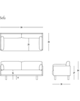 Black and white line drawings of the Woody Sofa - Espresso Ash with Natural Kapok Cushions, shown from three angles with dimensions in inches. Text reads SOBU Woody Sofa at the bottom right.