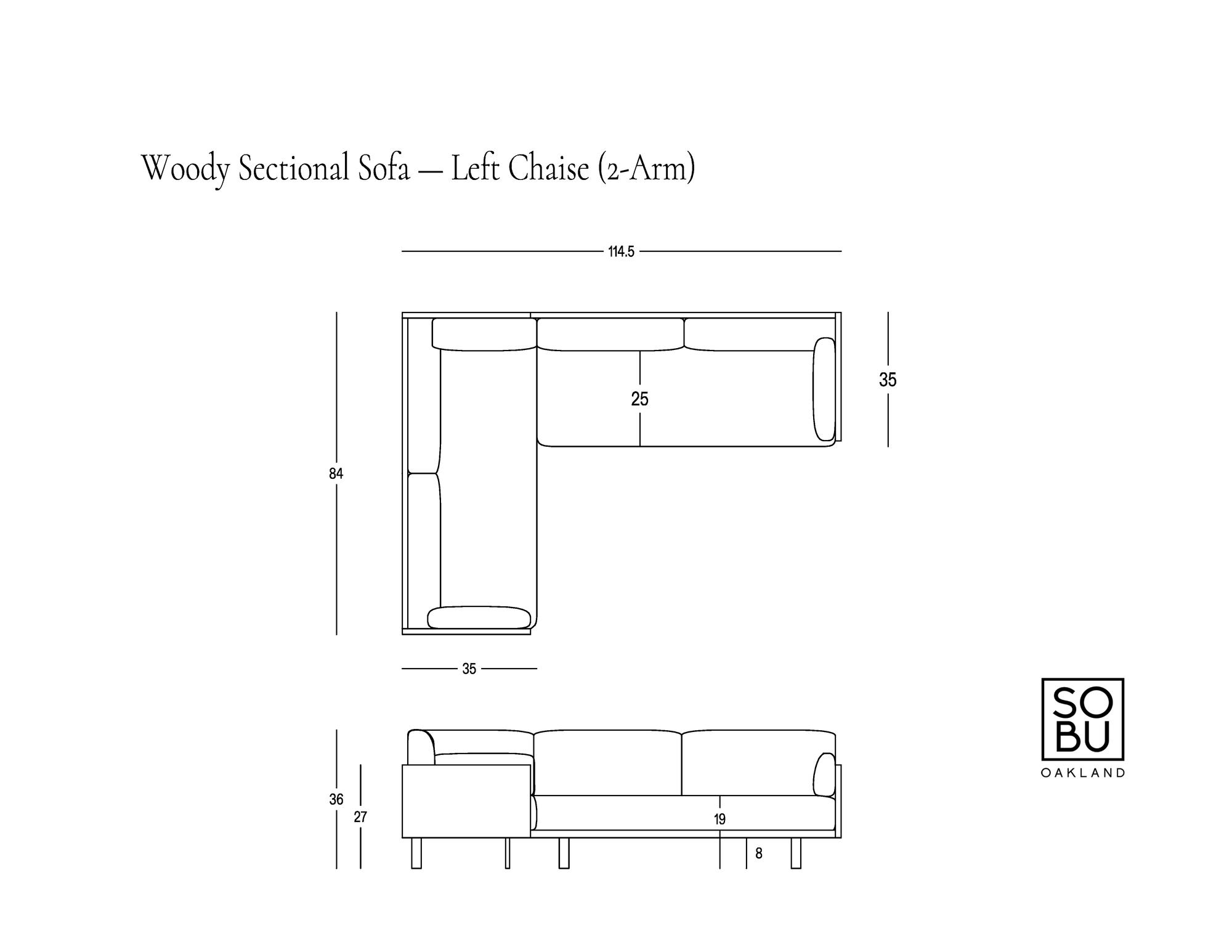 Black and white diagram of the Woody Sectional Sofa - Espresso Ash and Fog, a left-chaise sectional lounge from SOBU, with labeled measurements in centimeters. The top and side views display sofa dimensions, emphasizing its durable solid ash frame. SOBU logo is shown in the lower right corner.