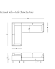 Black and white diagram of the Woody Sectional Sofa - Espresso Ash and Fog, a left-chaise sectional lounge from SOBU, with labeled measurements in centimeters. The top and side views display sofa dimensions, emphasizing its durable solid ash frame. SOBU logo is shown in the lower right corner.