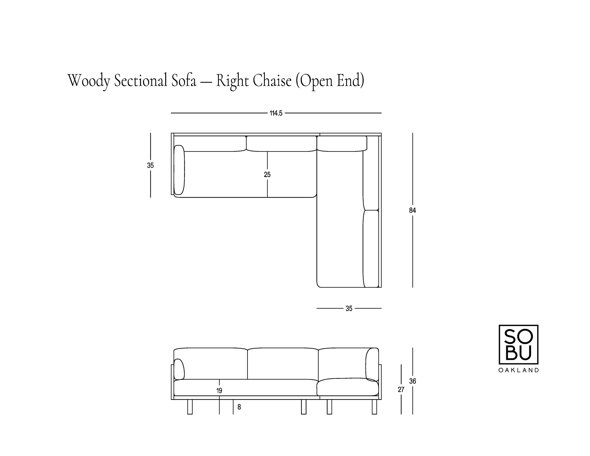 Line drawing showing dimensions of the Woody Sectional Sofa - Espresso Ash and Fog with a right chaise. This lounge sofa from SOBU features measurements labeled in centimeters and highlights its solid ash frame construction. The SOBU logo appears in the bottom right corner.