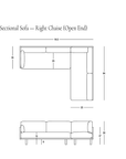 Line drawing showing dimensions of the Woody Sectional Sofa - Espresso Ash and Fog with a right chaise. This lounge sofa from SOBU features measurements labeled in centimeters and highlights its solid ash frame construction. The SOBU logo appears in the bottom right corner.
