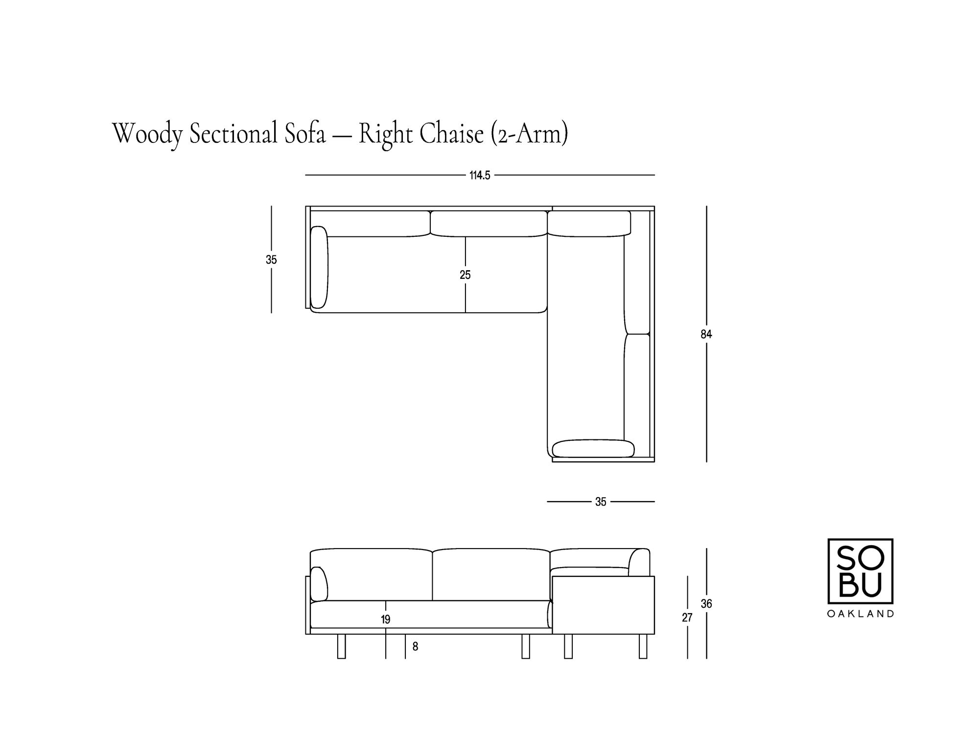 Line drawing of a right chaise Woody Sectional Sofa - Espresso Ash and Fog with dimensions labeled in centimeters, showing top and side views. The illustration highlights the solid ash frame construction, and features the SOBU logo in the bottom right corner.