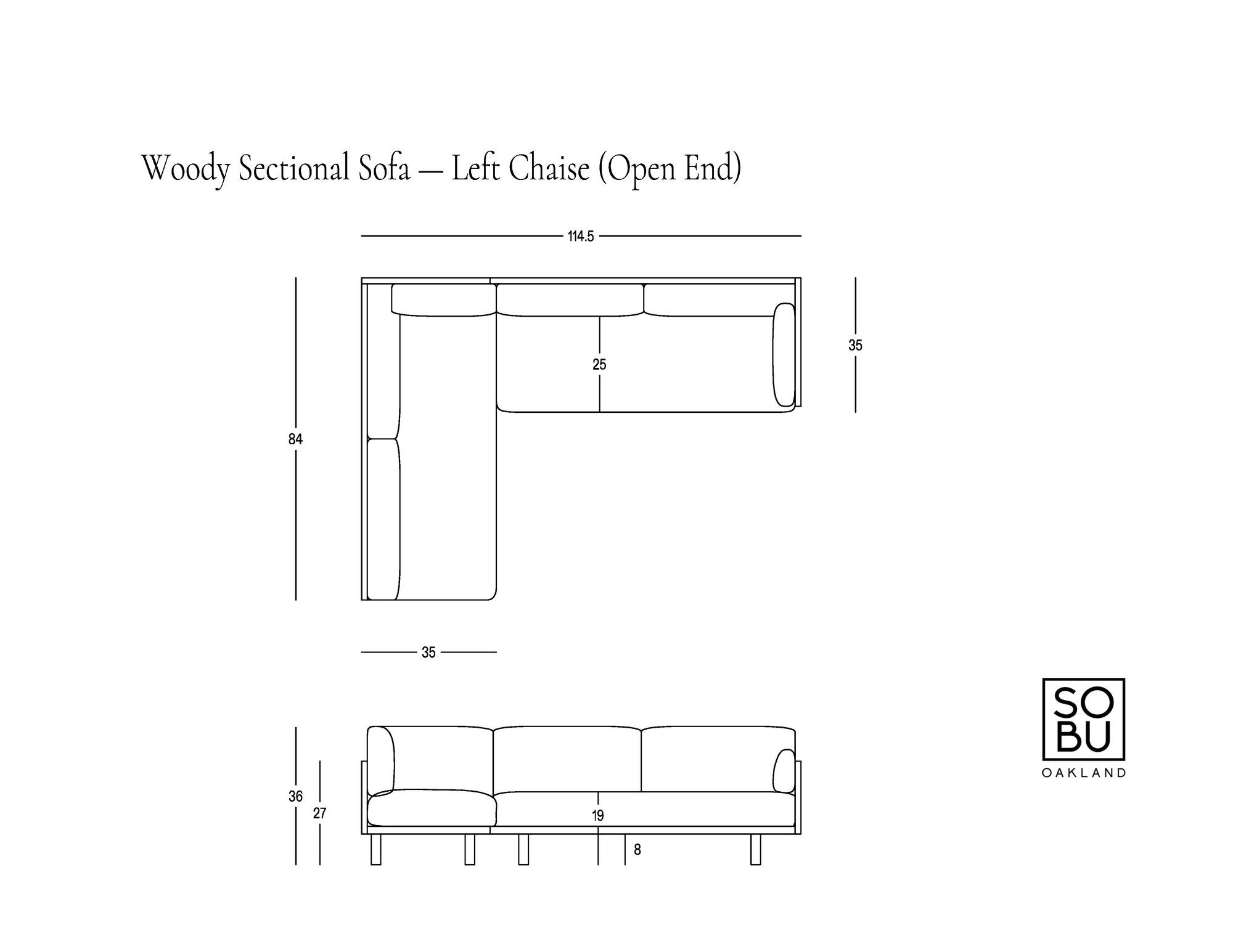 Diagram of a left-chaise Woody Sectional Sofa - Espresso Ash and Fog with detailed measurements in inches. Includes top and side views and the SOBU logo in the bottom right corner. Features a solid ash frame for enhanced durability and style.