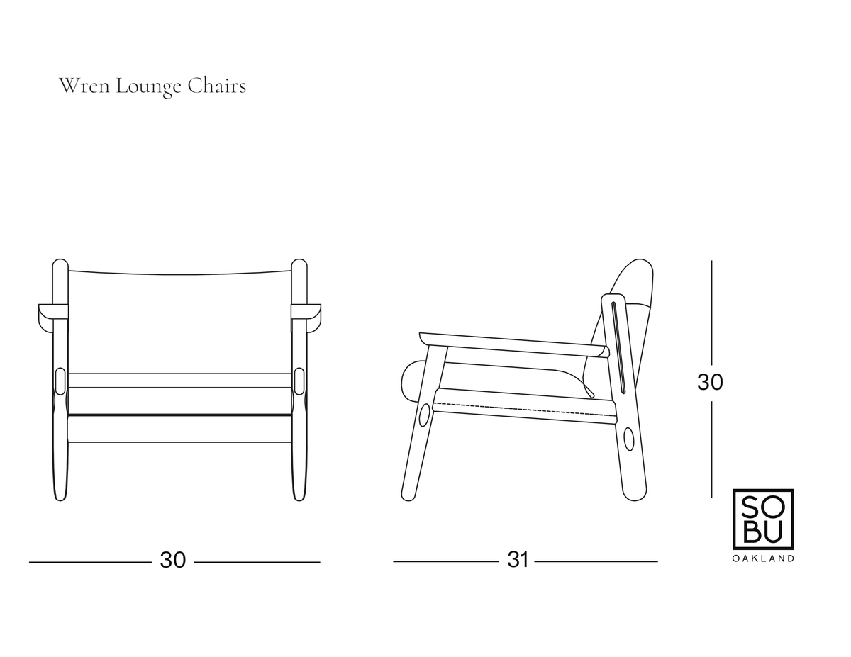 Line drawing of the Wren Lounge Chair | Leather from Wooden Stories shown in front and side views, highlighting its sleek Danish lounge chair design and dimensions: 30 inches wide, 31 inches deep, and 30 inches high. The SOBU OAKLAND logo appears in the bottom right corner.