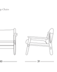 Line drawing of the Wren Lounge Chair | Leather from Wooden Stories shown in front and side views, highlighting its sleek Danish lounge chair design and dimensions: 30 inches wide, 31 inches deep, and 30 inches high. The SOBU OAKLAND logo appears in the bottom right corner.