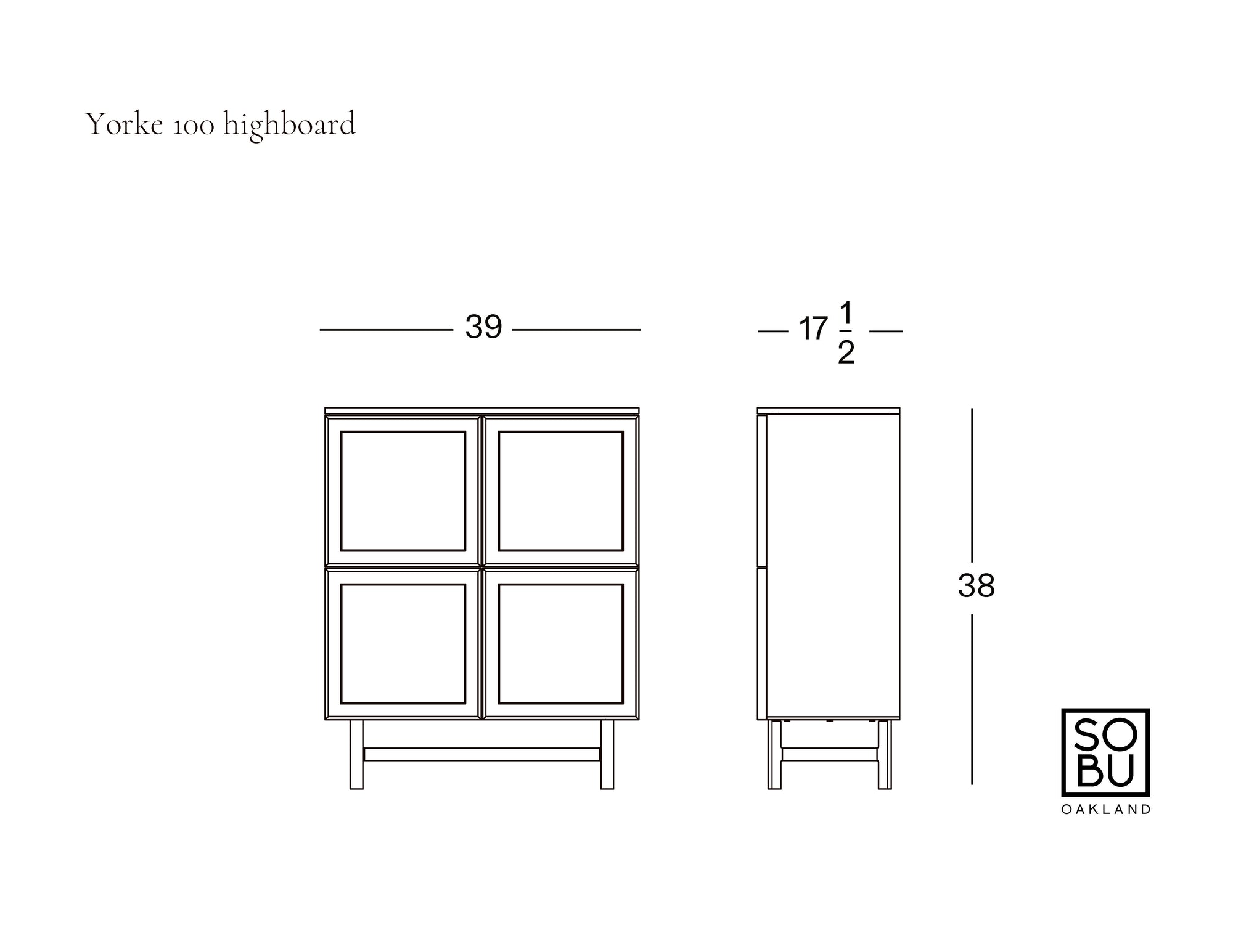 Line drawing of a four-door cabinet (39" W x 17.5" D x 38" H). Text reads Yorke Highboard by Wooden Stories. Wooden Stories logo appears in the lower right corner.