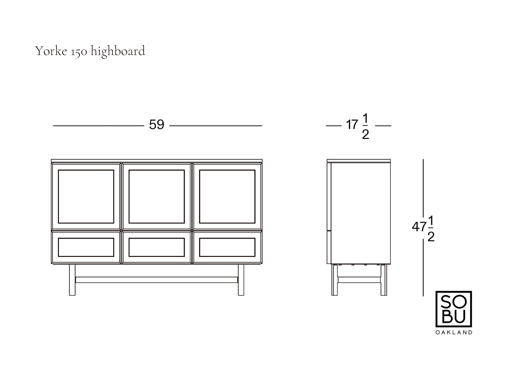 Line drawing of a rectangular Wooden Stories Yorke Highboard with four doors, shown from front and side. Dimensions: 59" wide, 17.5" deep, 47.5" high.