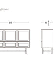 Line drawing of a rectangular Wooden Stories Yorke Highboard with four doors, shown from front and side. Dimensions: 59" wide, 17.5" deep, 47.5" high.
