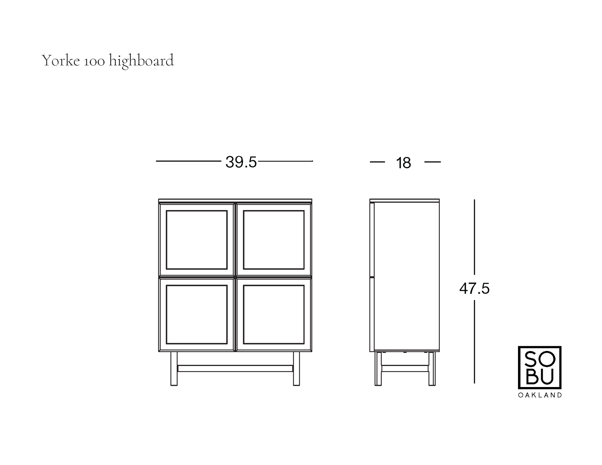 Line drawing of a four-door Scandinavian Yorke Highboard by Wooden Stories, dimensions: 39.5" wide, 18" deep, 47.5" high. "Yorke Highboard" labeled above with the Wooden Stories logo in the bottom right corner.