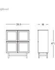 Line drawing of a four-door Scandinavian Yorke Highboard by Wooden Stories, dimensions: 39.5" wide, 18" deep, 47.5" high. "Yorke Highboard" labeled above with the Wooden Stories logo in the bottom right corner.