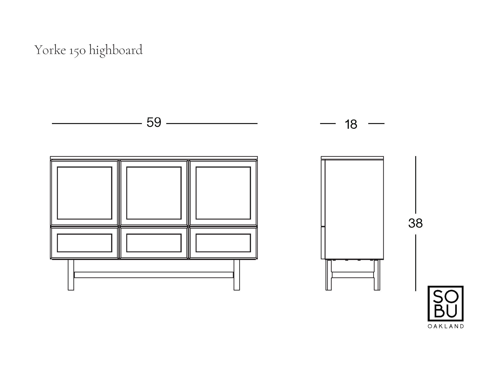Line drawing of the Yorke Highboard by Wooden Stories, showing front and side views with dimensions: 59" W x 18" D x 38" H. The Wooden Stories logo appears in the lower right corner.