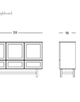 Line drawing of the Yorke Highboard by Wooden Stories, showing front and side views with dimensions: 59" W x 18" D x 38" H. The Wooden Stories logo appears in the lower right corner.