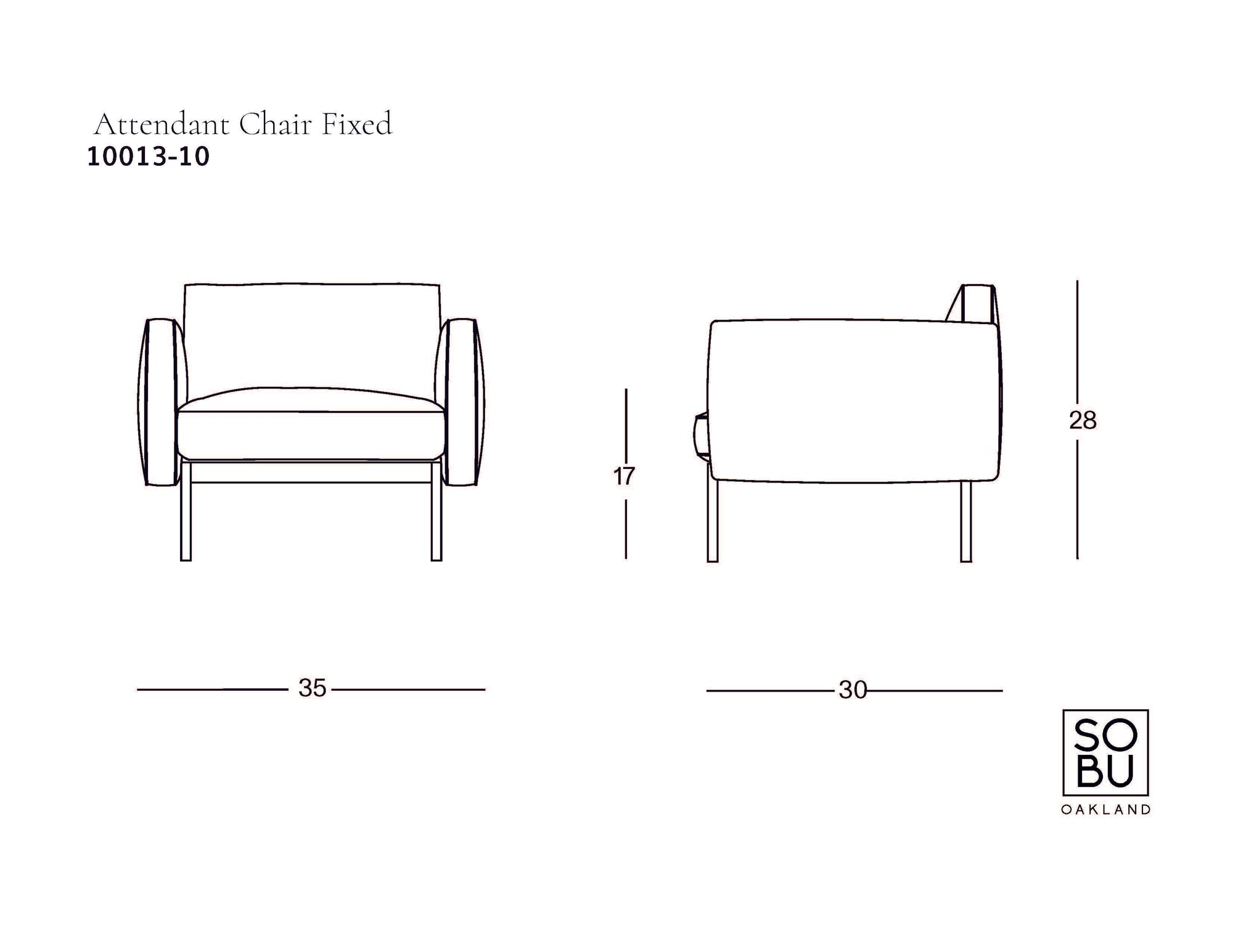 Line drawing of the handcrafted Attendant Lounge Chair | Fabric by Wooden Stories, with front and side views, dimensions 35&quot; W x 30&quot; D x 28&quot; H, and a &quot;Wooden Stories&quot; logo in the bottom right corner.