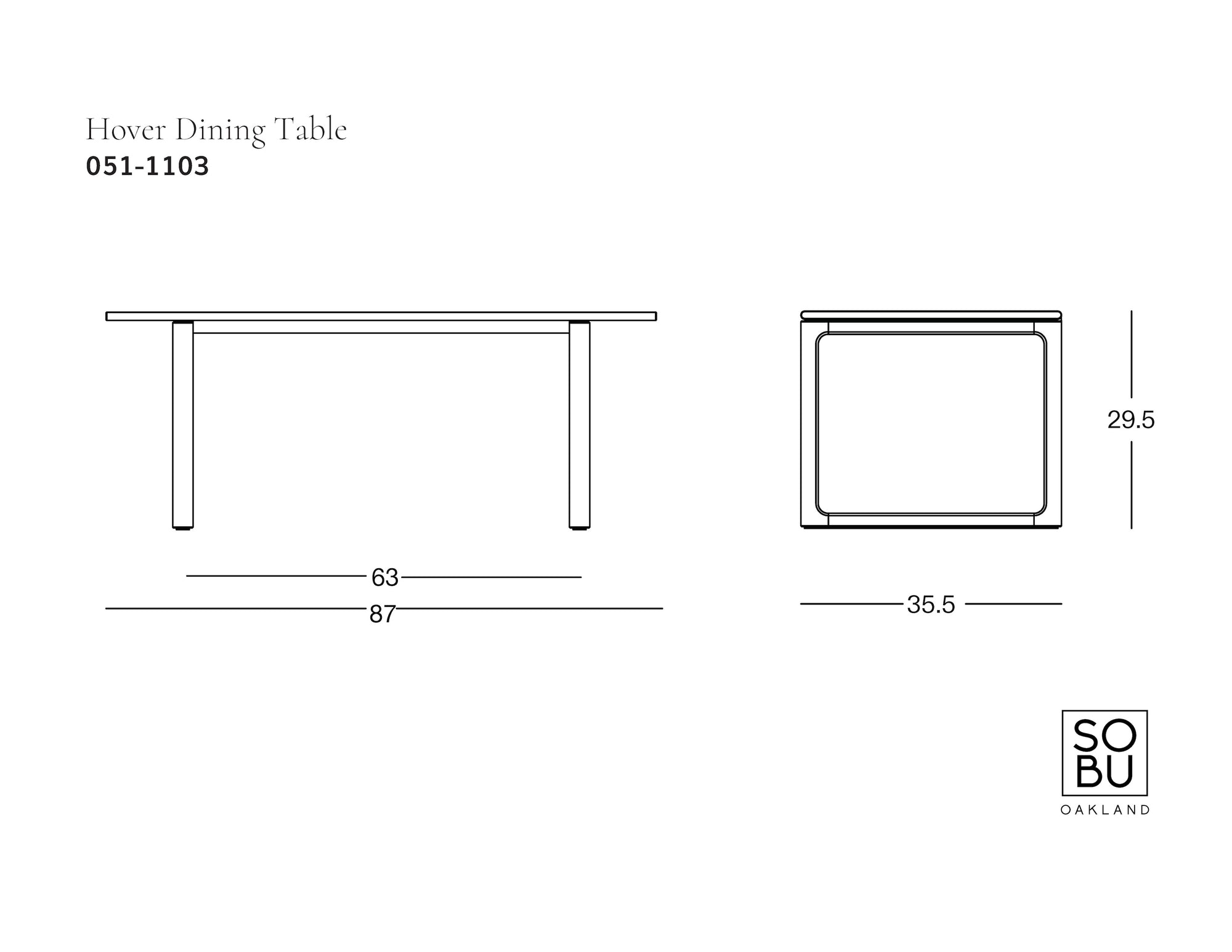 Line drawing of the Hover Dining Table | Espresso Oak by Wooden Stories shows side and end views with dimensions: 87&quot; L, 35.5&quot; W, 29.5&quot; H. Model number 051-1103 at top. Part of our Danish Collection.