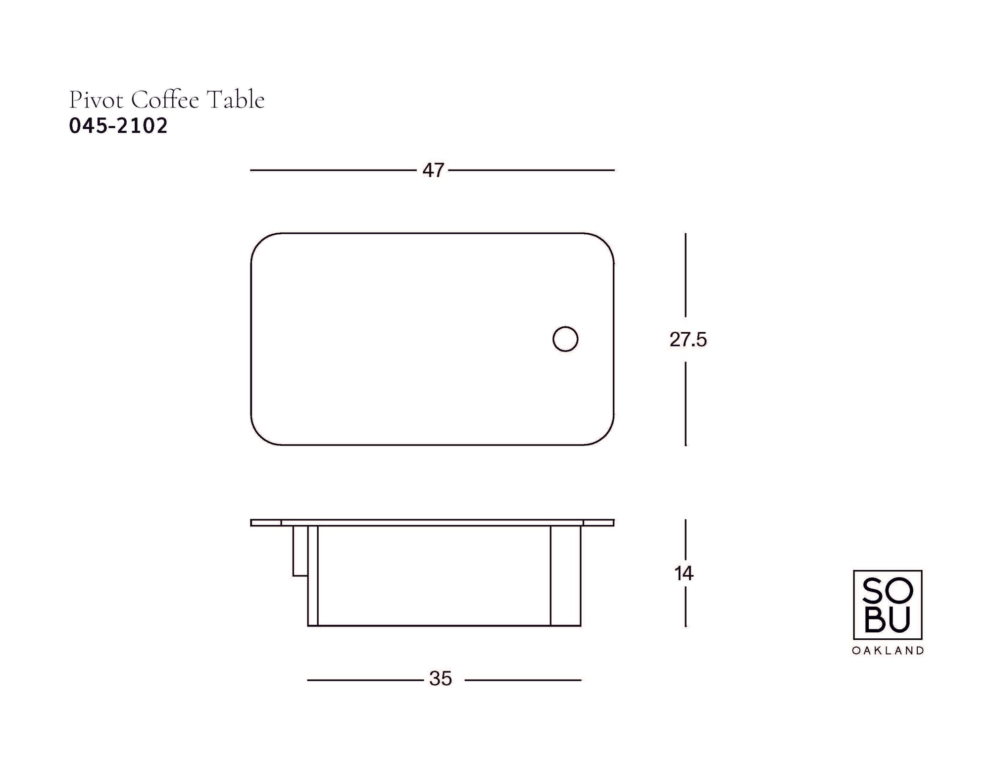 Minimalist line drawing of the Pivot Coffee Table | Rectangular - Wood by Wooden Stories, featuring solid wood, rounded corners, and dimensions 47 x 27.5 x 14 inches. SOBU Oakland logo is in the lower right corner.