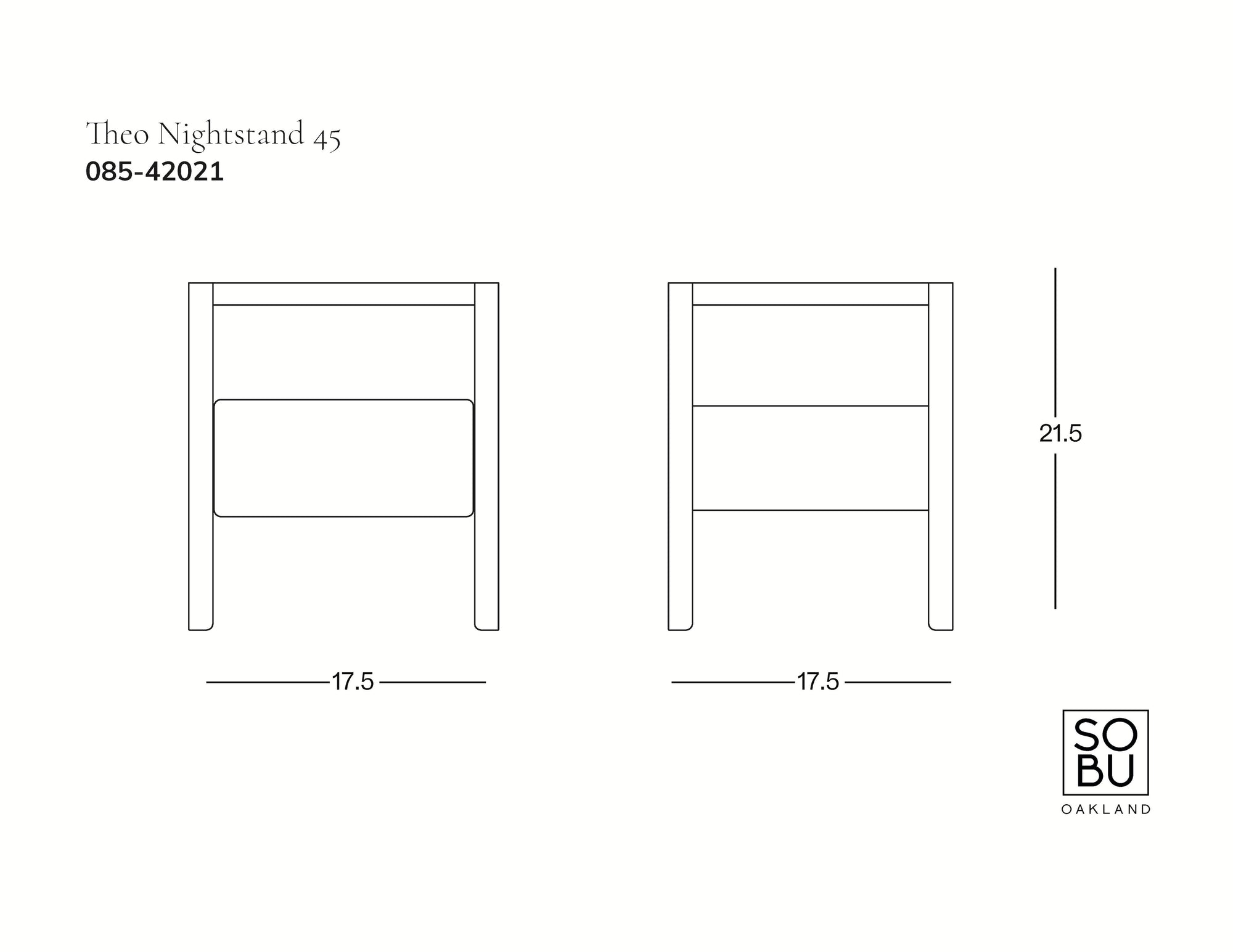 Line drawings of the Theo Nightstand by Wooden Stories, shown from front and side views. Dimensions: 17.5" wide and 21.5" high. The Wooden Stories logo appears at the bottom right.