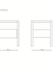 Line drawings of the Theo Nightstand by Wooden Stories, shown from front and side views. Dimensions: 17.5" wide and 21.5" high. The Wooden Stories logo appears at the bottom right.