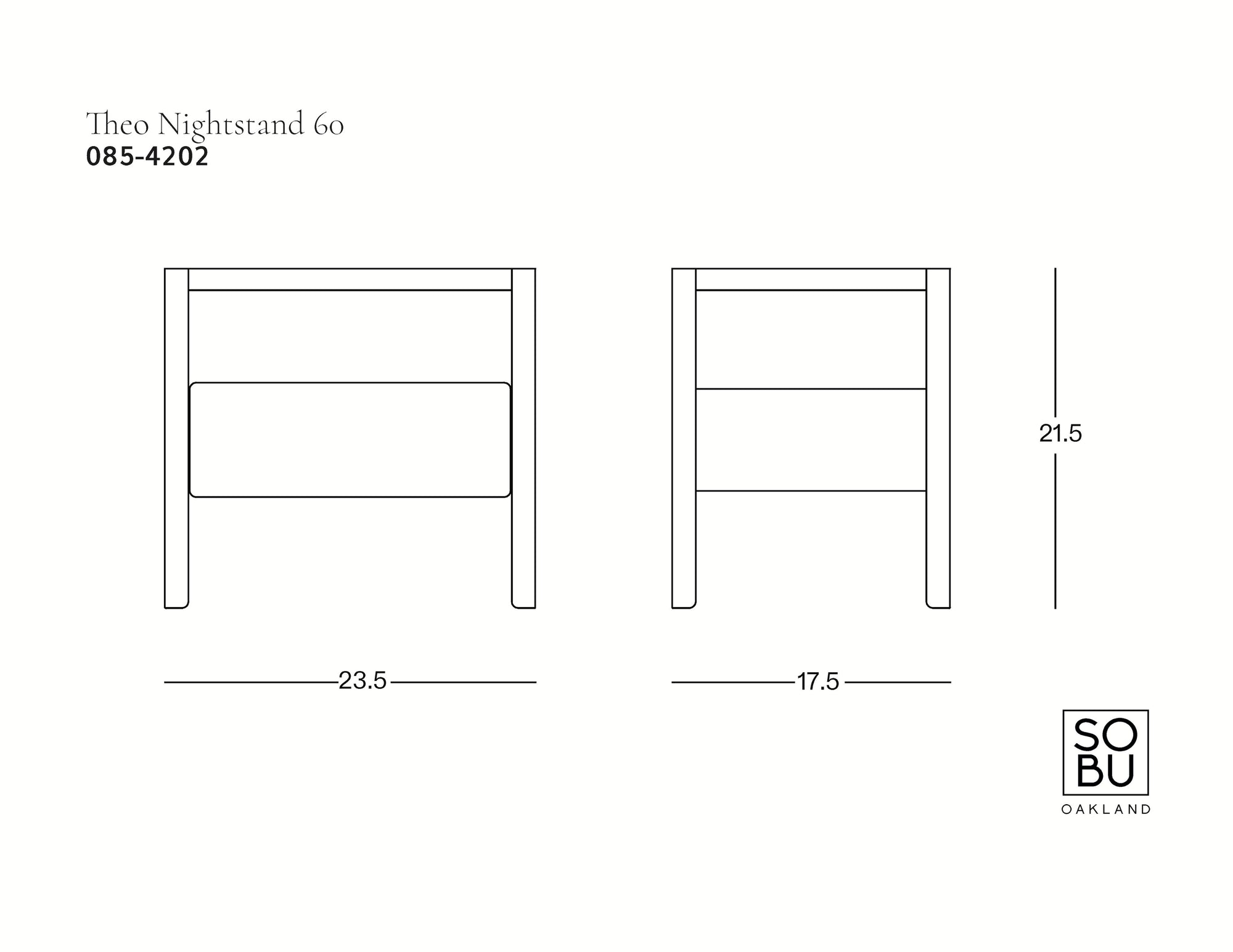 Line drawing of a nightstand with Danish lines, shown front and side, measuring 23.5" W x 17.5" D x 21.5" H. Minimal design with open shelves. Text: Theo Nightstand Wide, Wooden Stories.