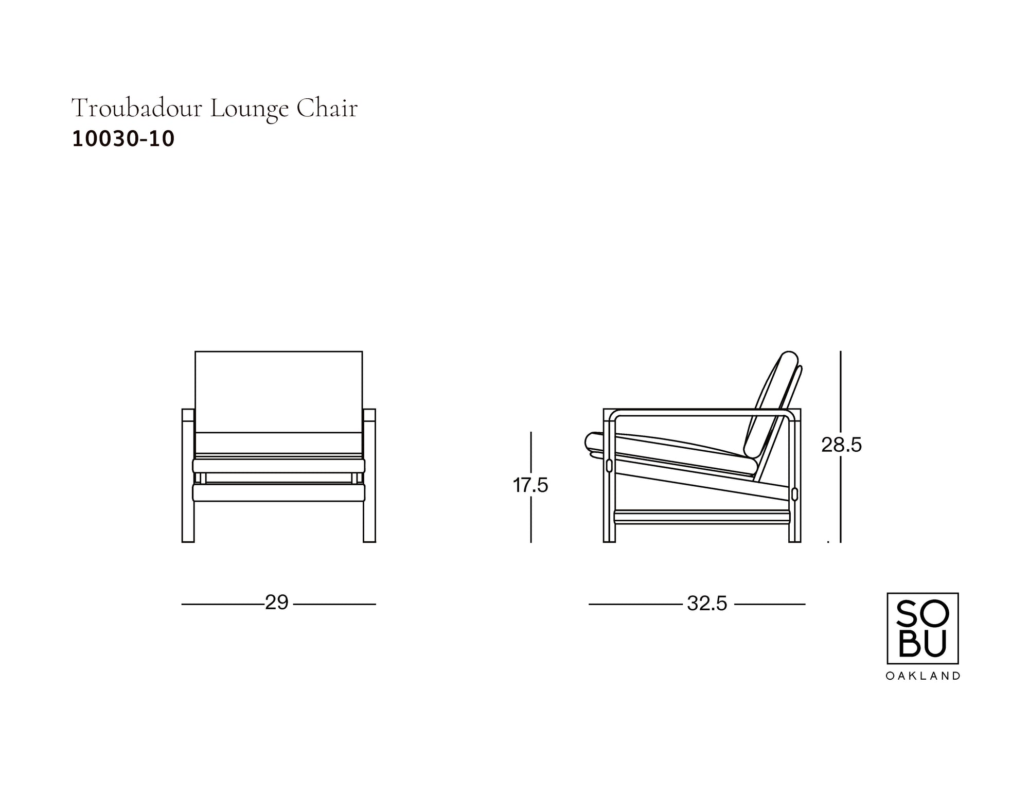 Technical drawing of a Troubadour Lounge Chair with dimensions and SOBU brand logo.