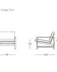 Technical drawing of a Troubadour Lounge Chair with dimensions and SOBU brand logo.