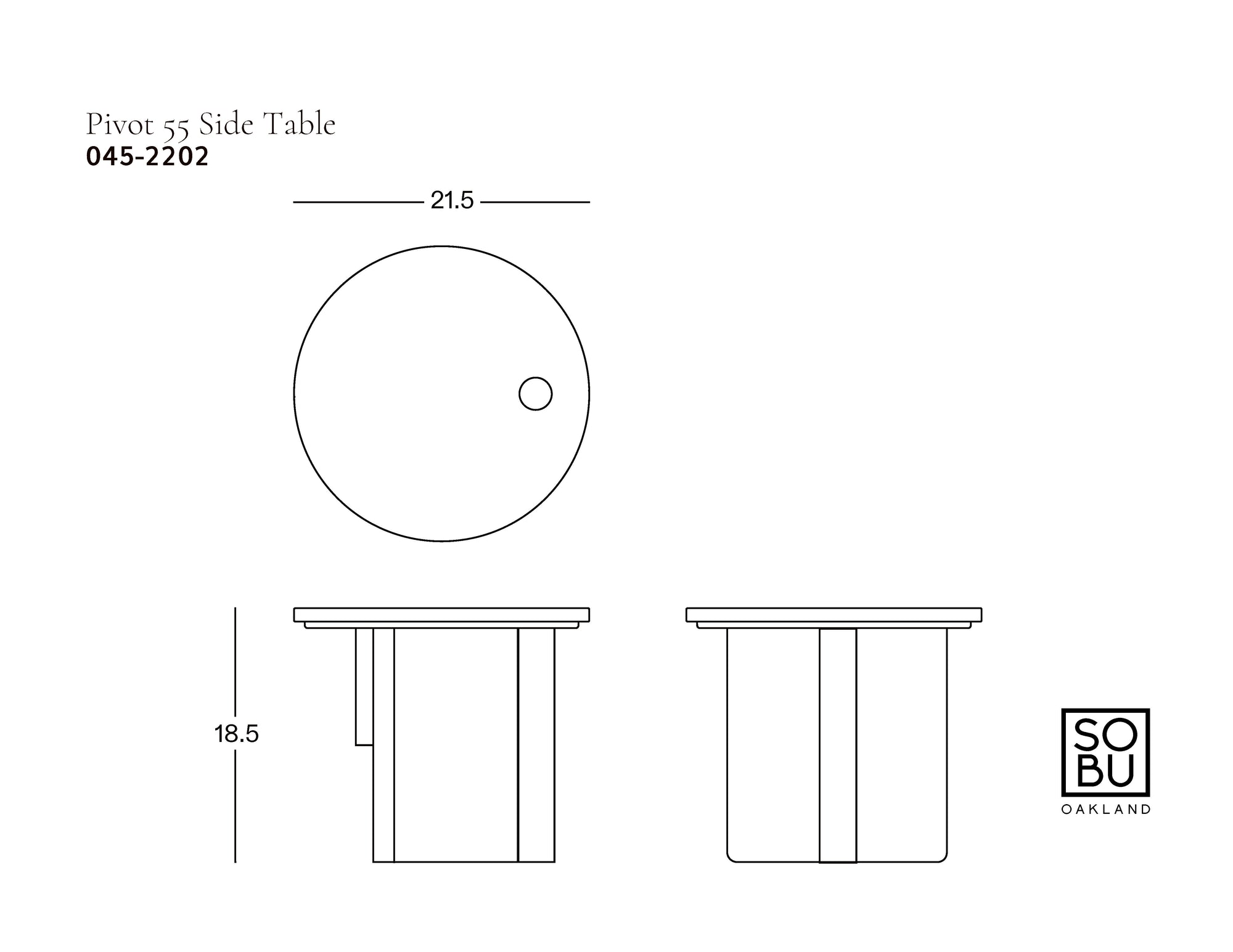 Line drawing of the Pivot Side Table | Wood &amp; Stone by Wooden Stories, top and side views with dimensions: 21.5" diameter, 18.5" height, in solid oak. The SOBU Oakland logo is at the bottom right corner.