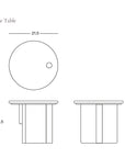 Line drawing of the Pivot Side Table | Wood & Stone by Wooden Stories, top and side views with dimensions: 21.5" diameter, 18.5" height, in solid oak. The SOBU Oakland logo is at the bottom right corner.